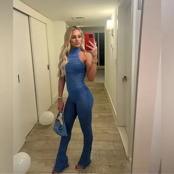 RETROFETE Kalena Knit Crochet Tropical Blue Flared Jumpsuit Size Small - Picture 4 of 10